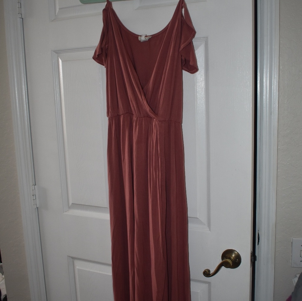 Long rose colored maxi dress with split in front